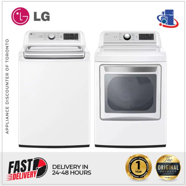LG 5.3 cu. ft. Smart Top Load Washer & 7.3 cu. ft. Smart Electric Dryer Set (Models WT7405CW & DLE7400WE)